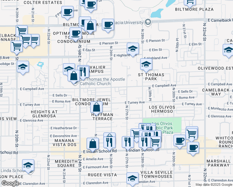 map of restaurants, bars, coffee shops, grocery stores, and more near 2629 East Roma Avenue in Phoenix