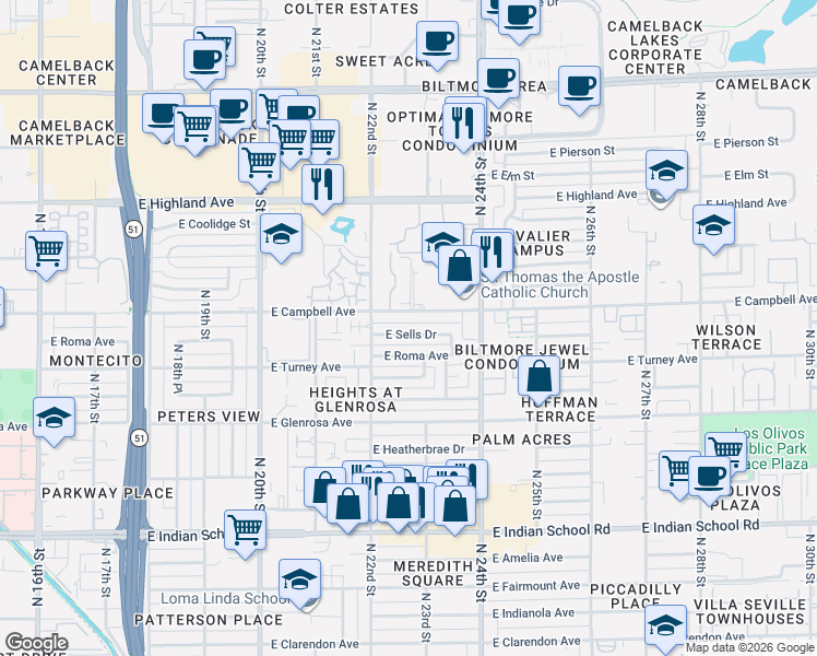 map of restaurants, bars, coffee shops, grocery stores, and more near 2223 East Sells Drive in Phoenix