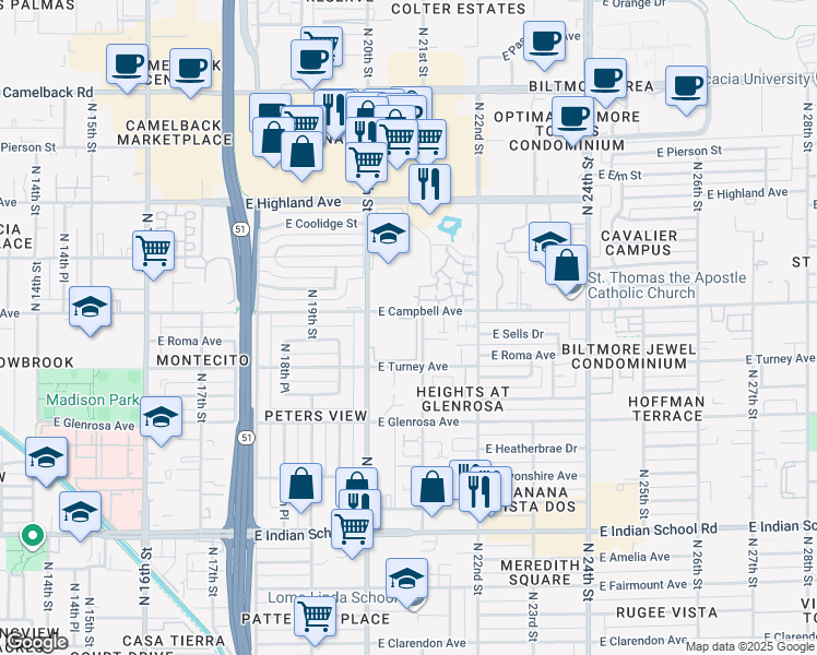 map of restaurants, bars, coffee shops, grocery stores, and more near 2025 East Campbell Avenue in Phoenix