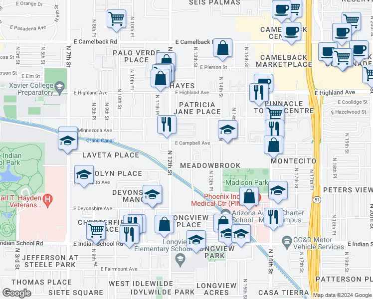 map of restaurants, bars, coffee shops, grocery stores, and more near 4422 North Longview Avenue in Phoenix