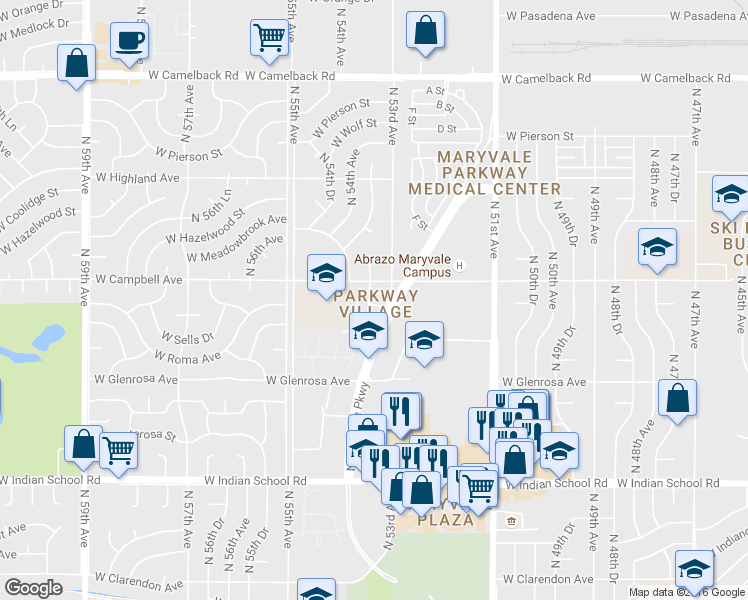 map of restaurants, bars, coffee shops, grocery stores, and more near 4418 North 53rd Lane in Phoenix