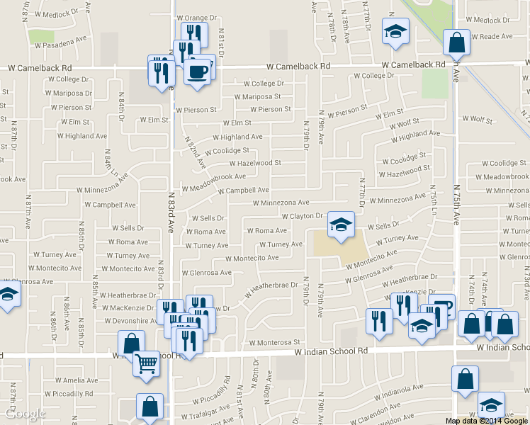 map of restaurants, bars, coffee shops, grocery stores, and more near 8001 West Clayton Drive in Phoenix