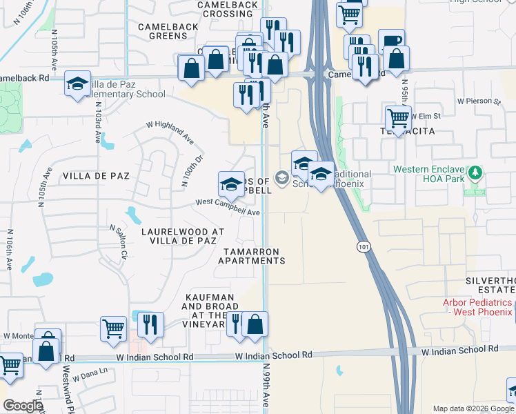 map of restaurants, bars, coffee shops, grocery stores, and more near 9919 West Kino Lane in Phoenix