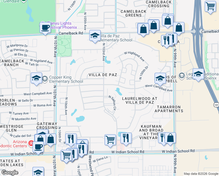 map of restaurants, bars, coffee shops, grocery stores, and more near 4432 North 102nd Way in Phoenix