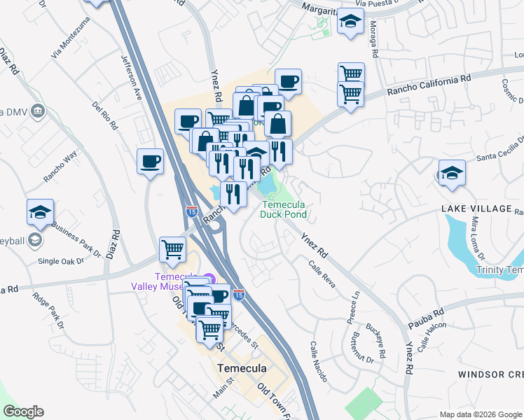map of restaurants, bars, coffee shops, grocery stores, and more near 27759 Tierra Vista Road in Temecula