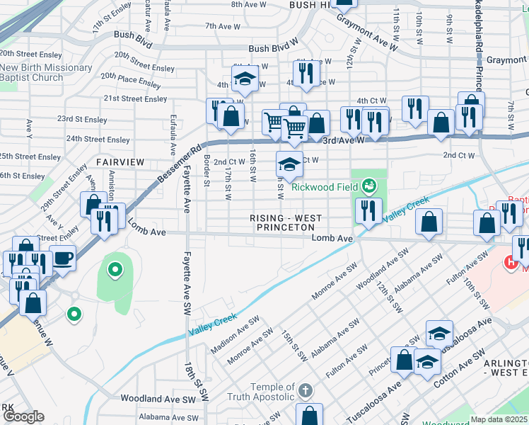 map of restaurants, bars, coffee shops, grocery stores, and more near 1513 1st Avenue West in Birmingham