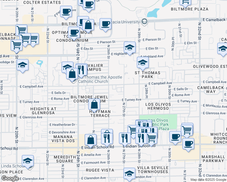 map of restaurants, bars, coffee shops, grocery stores, and more near 2629 East Roma Avenue in Phoenix