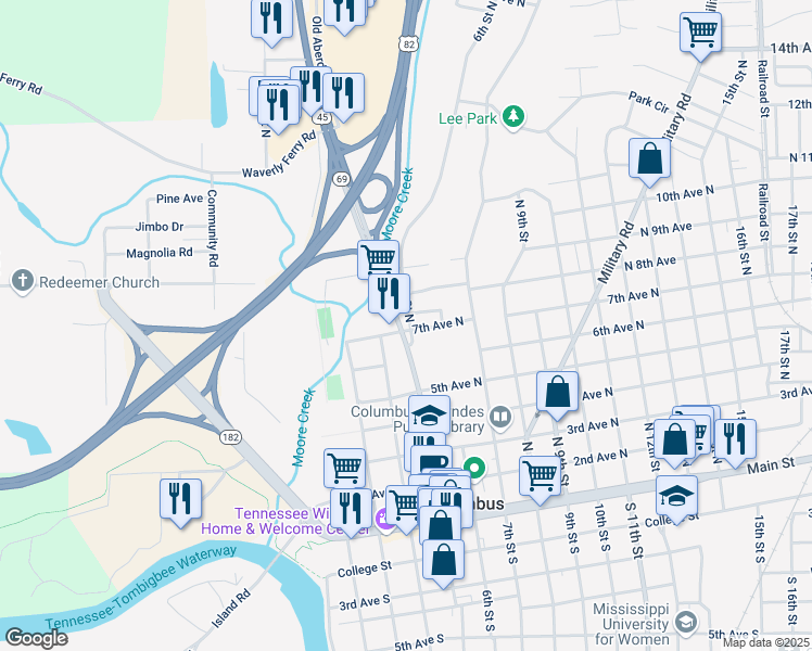 map of restaurants, bars, coffee shops, grocery stores, and more near 702 Mississippi 50 in Columbus