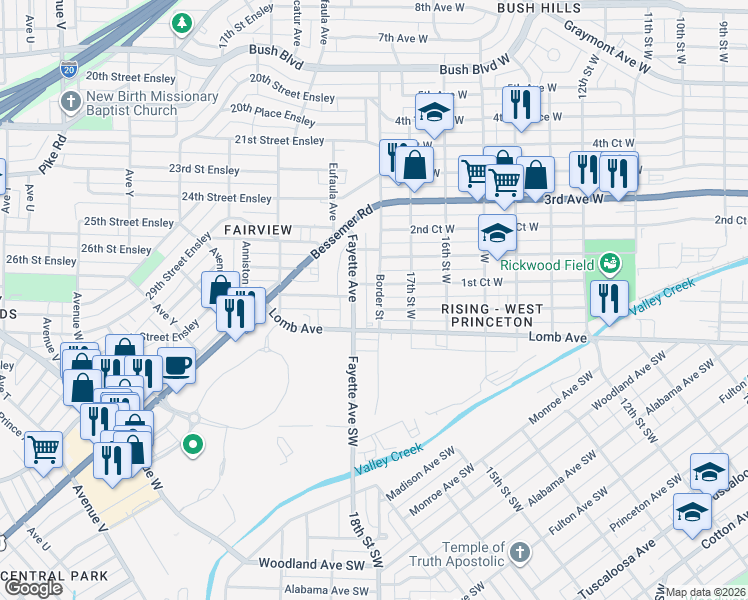 map of restaurants, bars, coffee shops, grocery stores, and more near 3129 Fayette Avenue in Birmingham