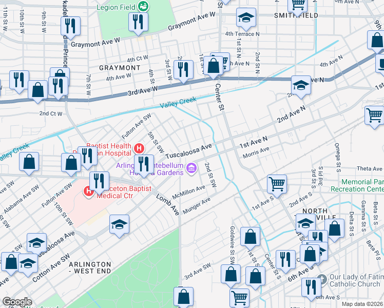 map of restaurants, bars, coffee shops, grocery stores, and more near 303-409 Tuscaloosa Avenue in Birmingham