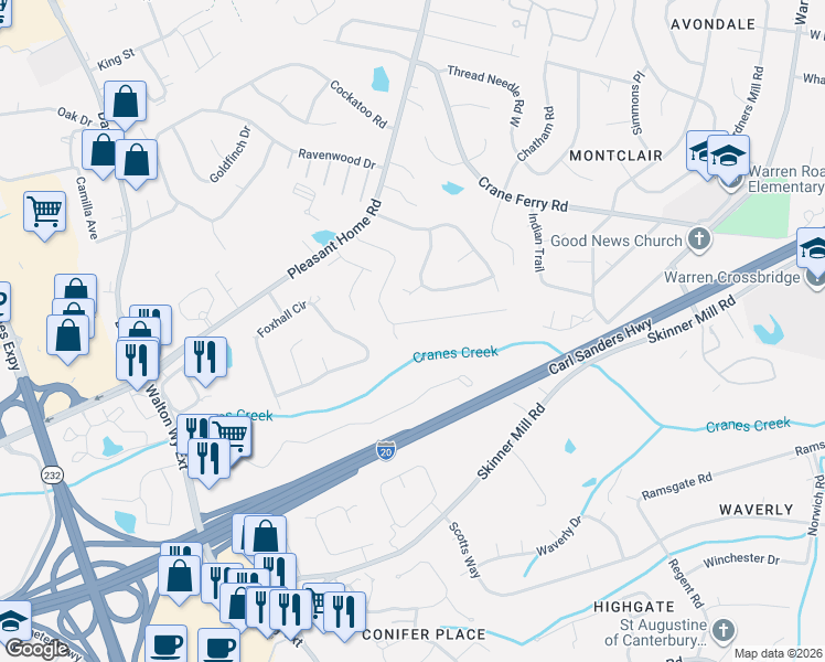 map of restaurants, bars, coffee shops, grocery stores, and more near 3333 Sugar Mill Court in Augusta