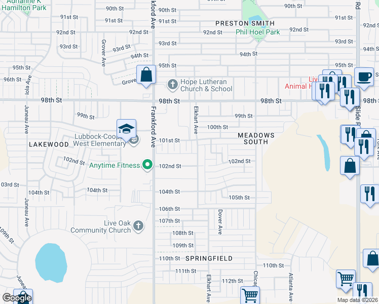 map of restaurants, bars, coffee shops, grocery stores, and more near 10109 Elmwood Avenue in Lubbock