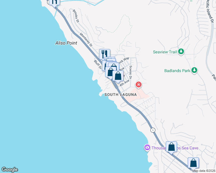 map of restaurants, bars, coffee shops, grocery stores, and more near 31706 Seacliff Drive in Laguna Beach