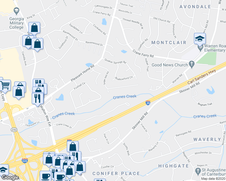map of restaurants, bars, coffee shops, grocery stores, and more near 3341 Sugar Mill Road in Augusta