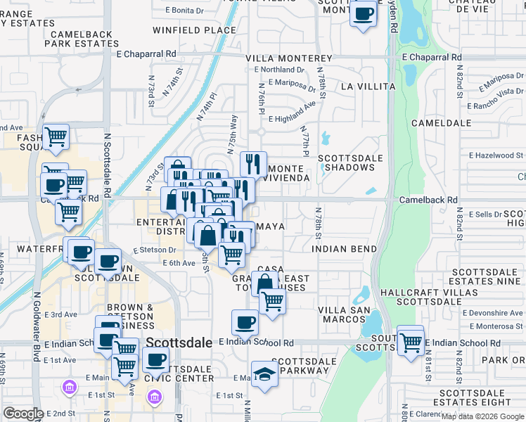 map of restaurants, bars, coffee shops, grocery stores, and more near in Scottsdale