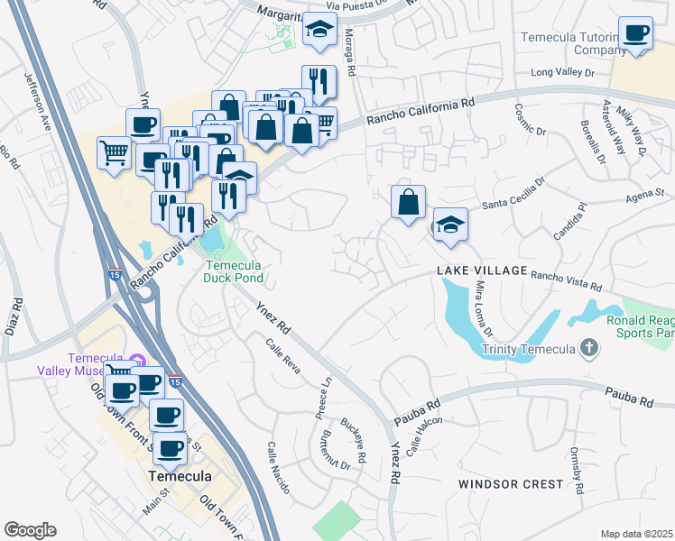 map of restaurants, bars, coffee shops, grocery stores, and more near 29500 Mira Loma Dr in Temecula