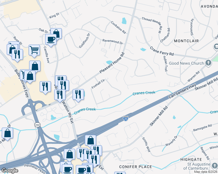map of restaurants, bars, coffee shops, grocery stores, and more near 2301 Whetstone Court in Augusta