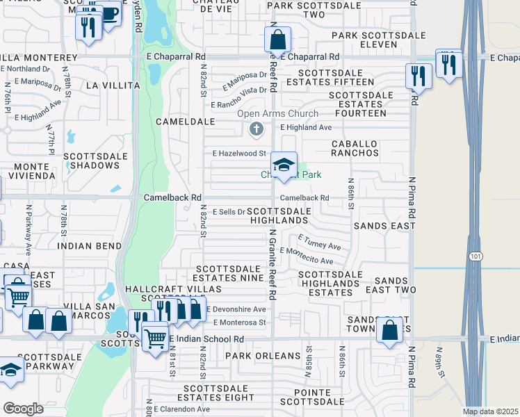 map of restaurants, bars, coffee shops, grocery stores, and more near 8322 East Roma Avenue in Scottsdale