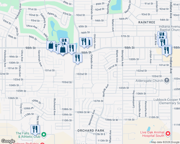 map of restaurants, bars, coffee shops, grocery stores, and more near 10203 Peoria Avenue in Lubbock