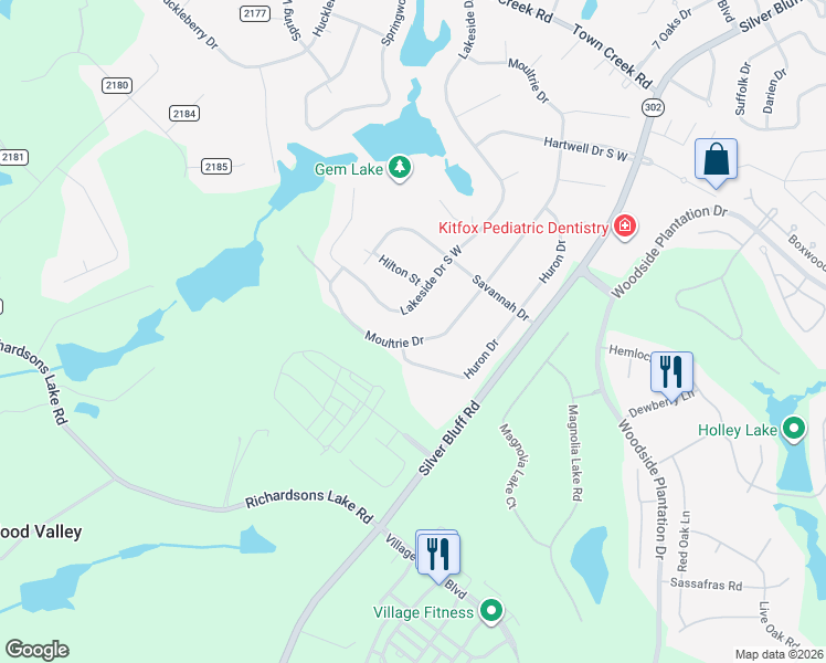 map of restaurants, bars, coffee shops, grocery stores, and more near 1208 Moultrie Drive in Aiken
