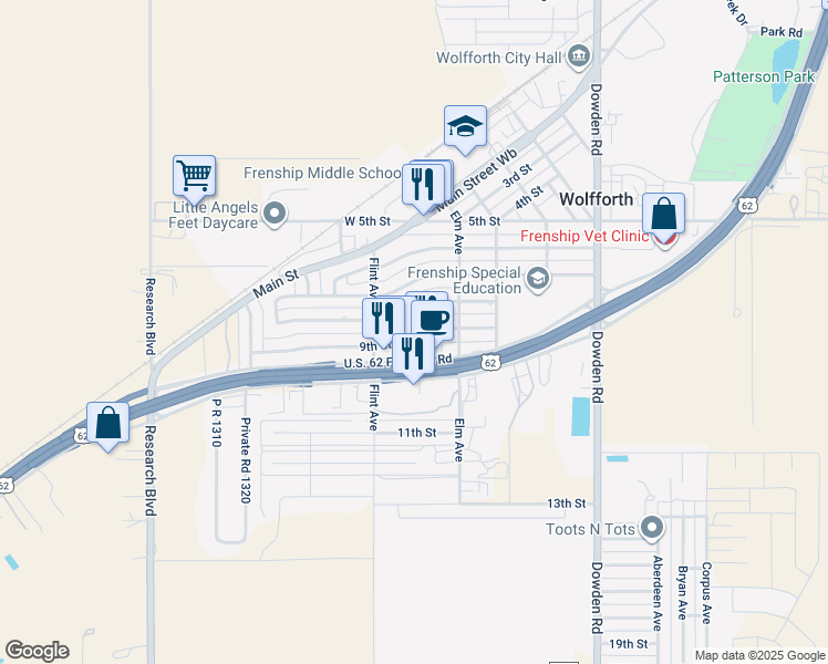 map of restaurants, bars, coffee shops, grocery stores, and more near 726 9th Street in Wolfforth