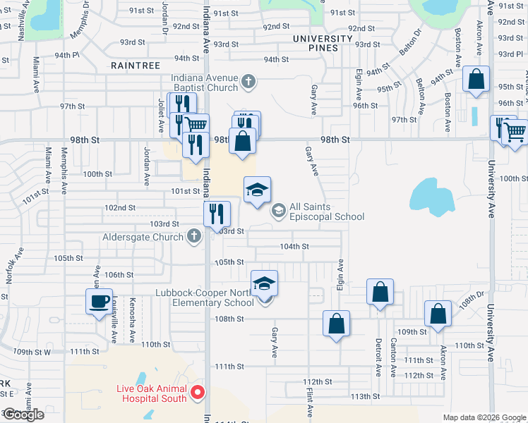 map of restaurants, bars, coffee shops, grocery stores, and more near 3222 103rd Street in Lubbock
