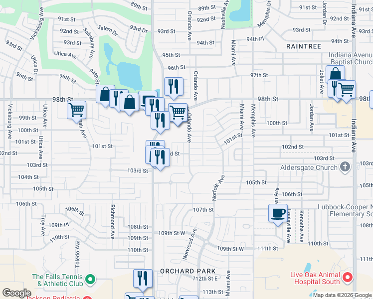 map of restaurants, bars, coffee shops, grocery stores, and more near 10203 Peoria Avenue in Lubbock