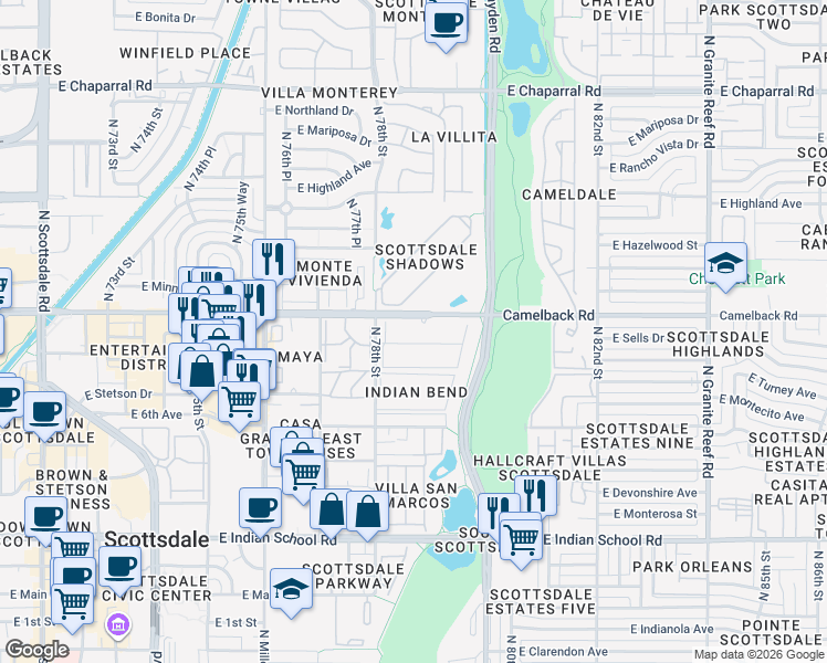 map of restaurants, bars, coffee shops, grocery stores, and more near 4435 North 78th Street in Scottsdale