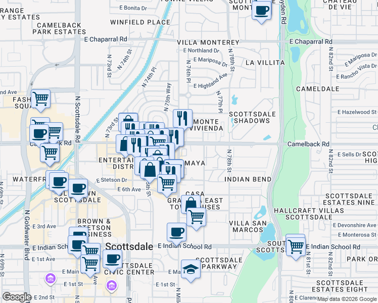 map of restaurants, bars, coffee shops, grocery stores, and more near in Scottsdale