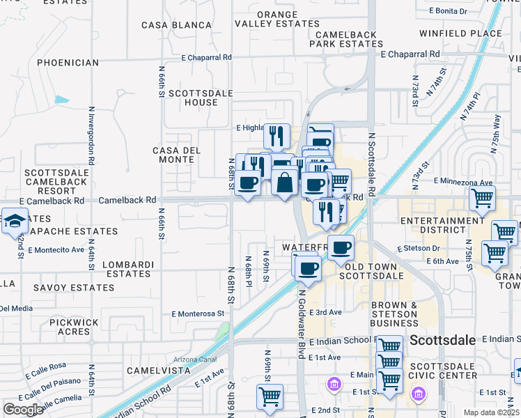 map of restaurants, bars, coffee shops, grocery stores, and more near 6815-6895 East Camelback Road in Scottsdale