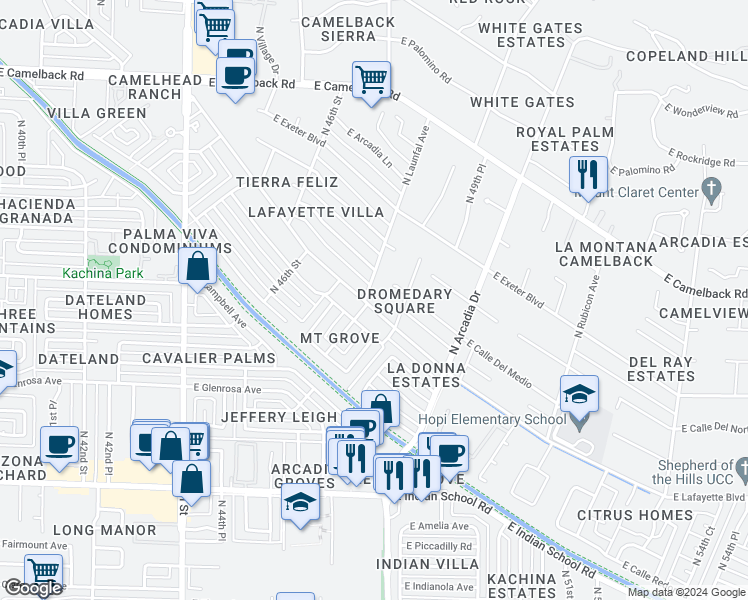 map of restaurants, bars, coffee shops, grocery stores, and more near 4444 North Dromedary Road in Phoenix