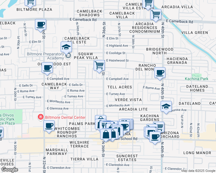 map of restaurants, bars, coffee shops, grocery stores, and more near in Phoenix