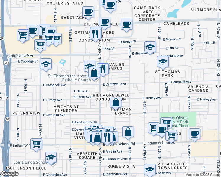 map of restaurants, bars, coffee shops, grocery stores, and more near 2430 East Roma Avenue in Phoenix