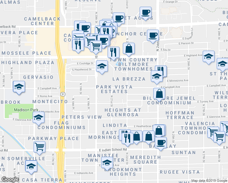 map of restaurants, bars, coffee shops, grocery stores, and more near 4417 North 21st Street in Phoenix