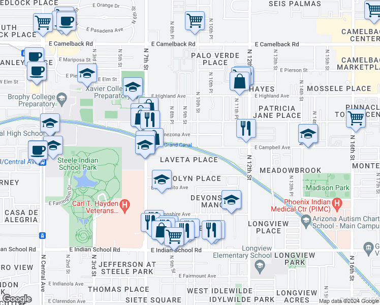 map of restaurants, bars, coffee shops, grocery stores, and more near 913 East Roma Avenue in Phoenix