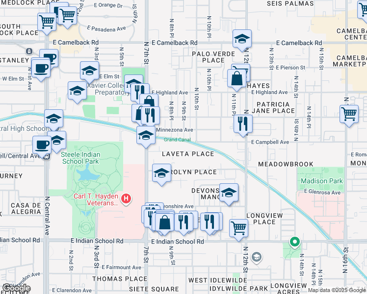 map of restaurants, bars, coffee shops, grocery stores, and more near 913 East Roma Avenue in Phoenix