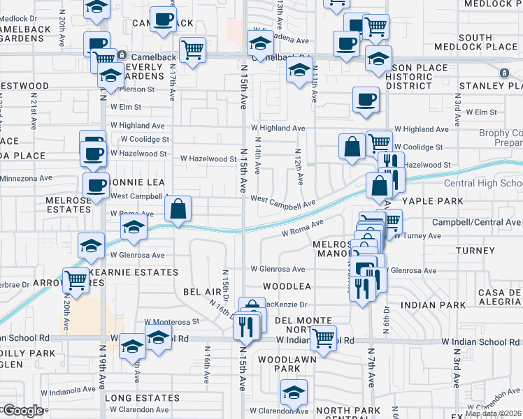 map of restaurants, bars, coffee shops, grocery stores, and more near 1365 West Sells Drive in Phoenix