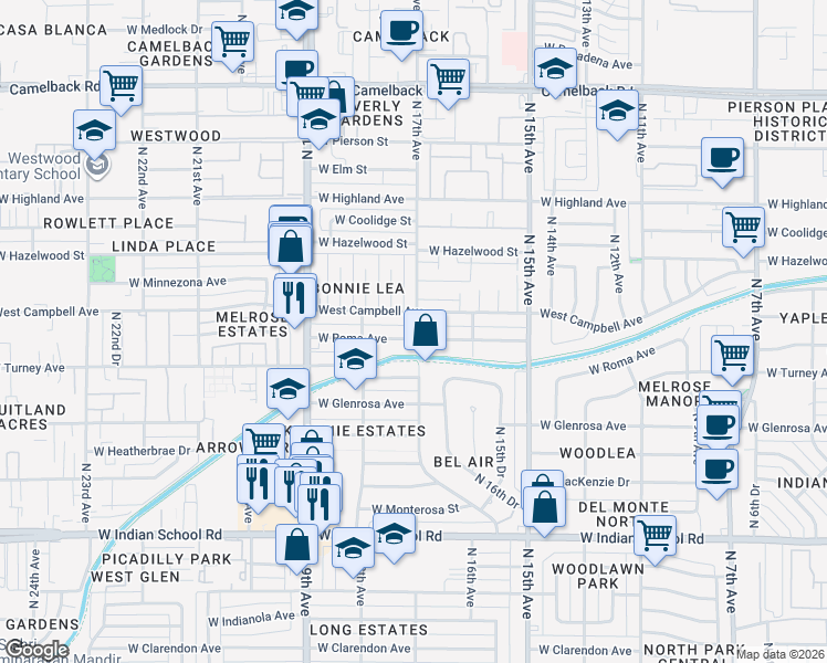 map of restaurants, bars, coffee shops, grocery stores, and more near 1723 West Roma Avenue in Phoenix