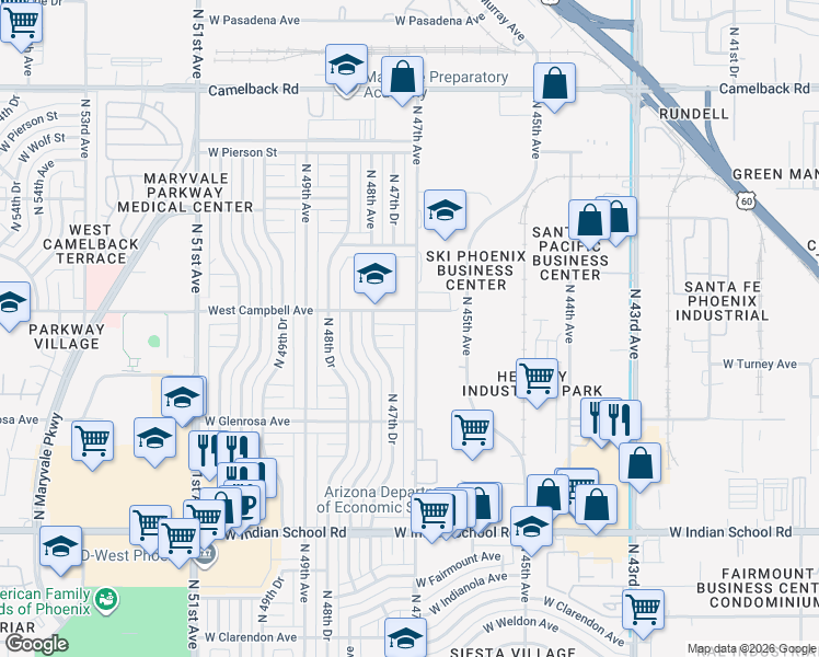 map of restaurants, bars, coffee shops, grocery stores, and more near 4717 West Roma Avenue in Phoenix