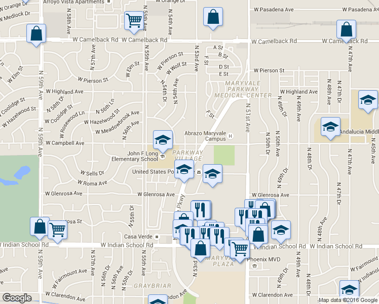map of restaurants, bars, coffee shops, grocery stores, and more near 4418 North 53rd Lane in Phoenix