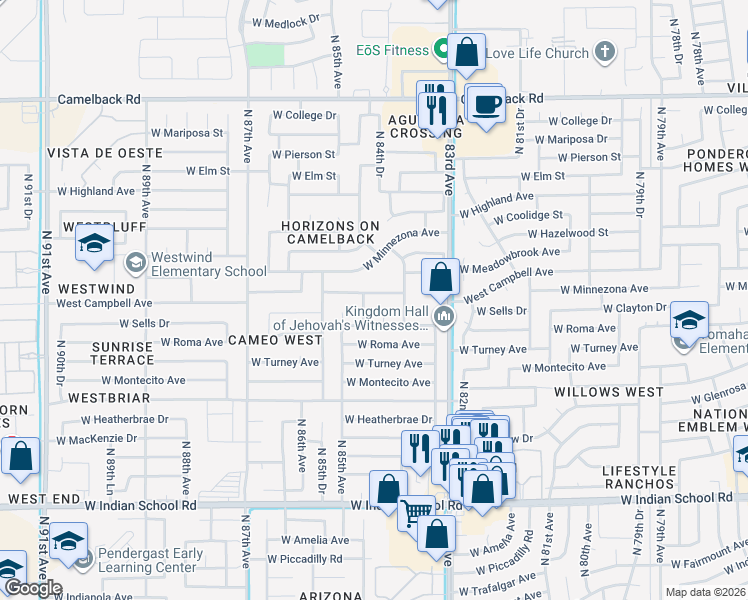 map of restaurants, bars, coffee shops, grocery stores, and more near 4435 North 84th Drive in Phoenix