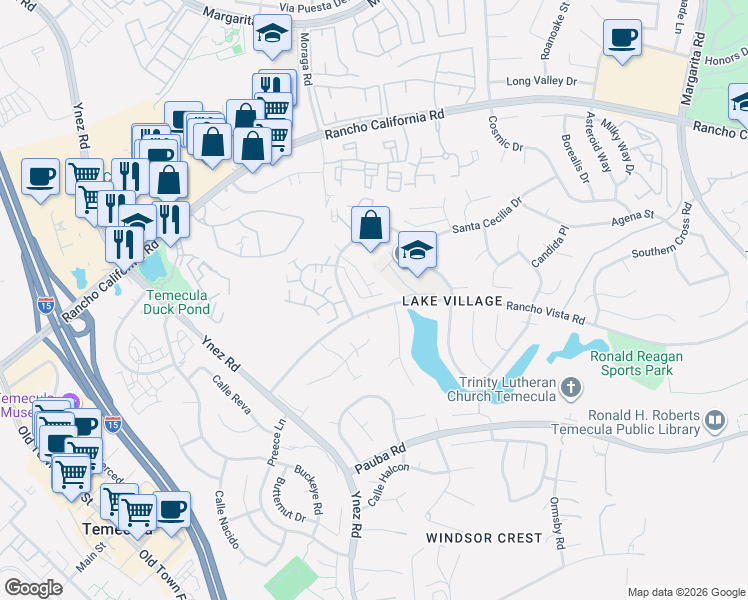map of restaurants, bars, coffee shops, grocery stores, and more near 42700 Vía Del Campo in Temecula