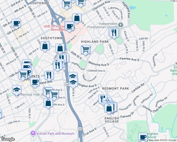 map of restaurants, bars, coffee shops, grocery stores, and more near 1430 Milner Street South in Birmingham
