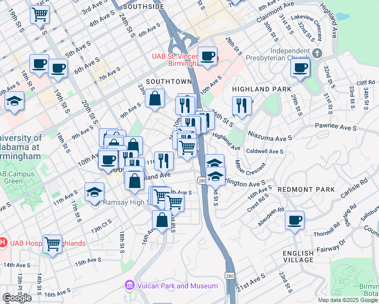 map of restaurants, bars, coffee shops, grocery stores, and more near 2211 Highland Avenue in Birmingham