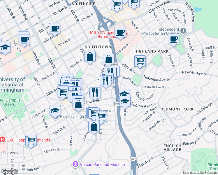 map of restaurants, bars, coffee shops, grocery stores, and more near 2211 Highland Avenue in Birmingham
