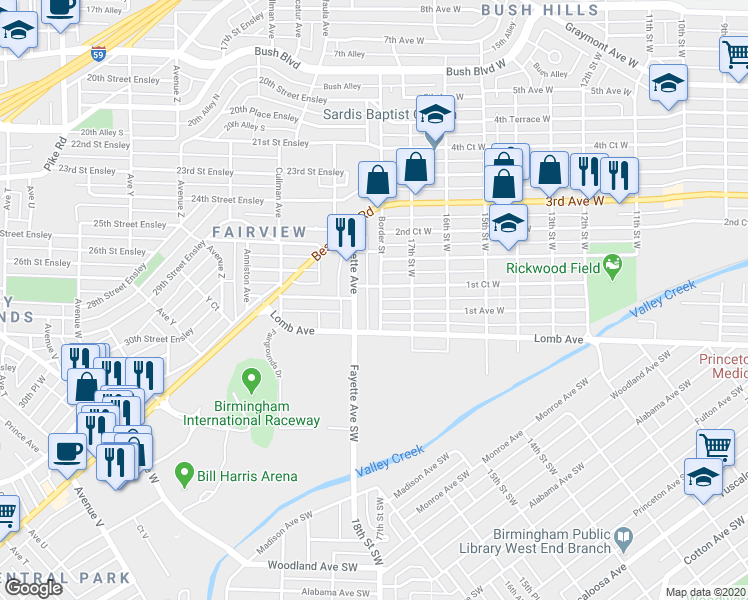 map of restaurants, bars, coffee shops, grocery stores, and more near 3129 Fayette Avenue in Birmingham