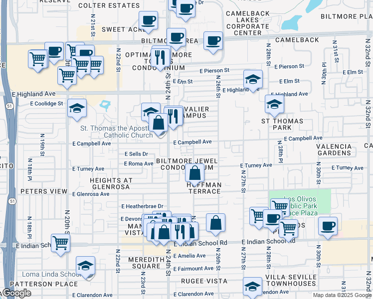map of restaurants, bars, coffee shops, grocery stores, and more near 2430 East Roma Avenue in Phoenix