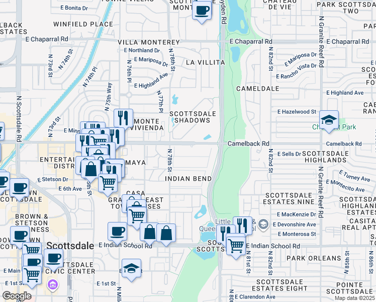 map of restaurants, bars, coffee shops, grocery stores, and more near 4435 North 78th Street in Scottsdale