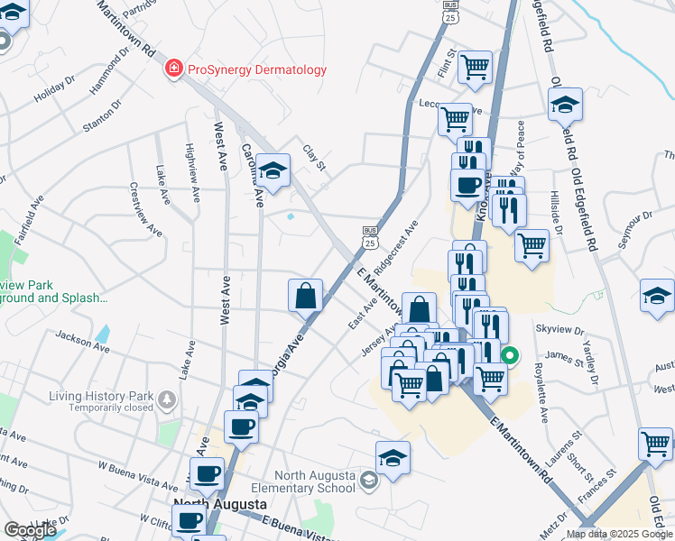 map of restaurants, bars, coffee shops, grocery stores, and more near 1012 Georgia Avenue in North Augusta