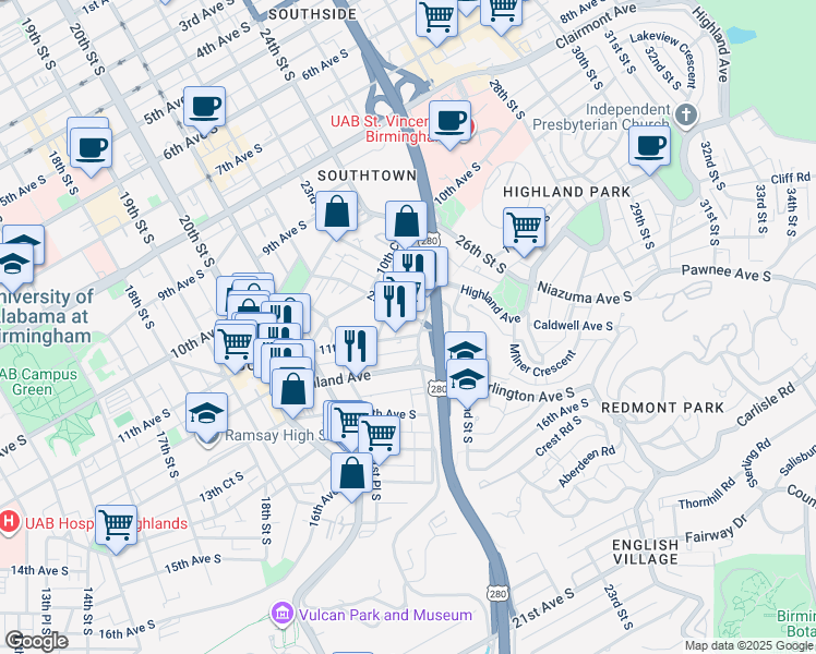 map of restaurants, bars, coffee shops, grocery stores, and more near 2211 Highland Avenue in Birmingham